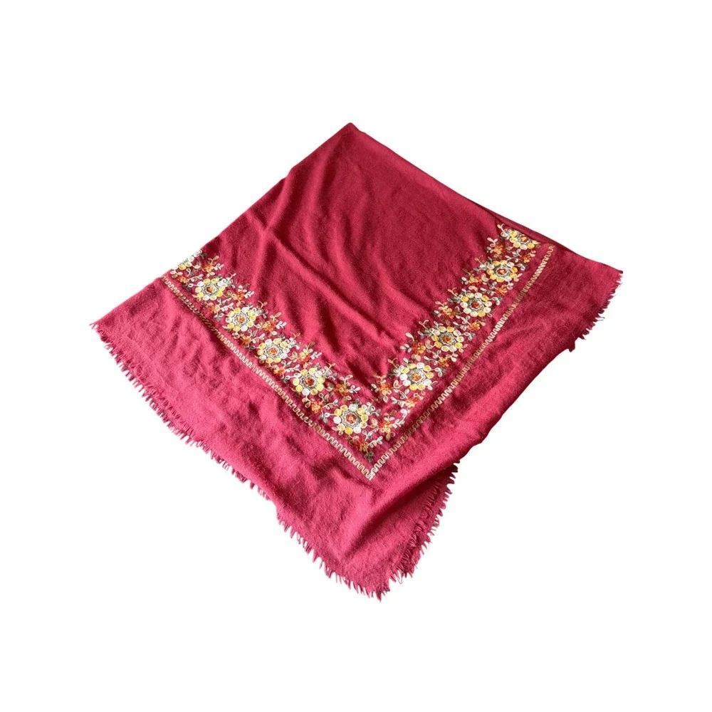 Unbranded Scarf Berry Red Floral Embroidered Eyelash Fringe Bohemian Wrap Shawl